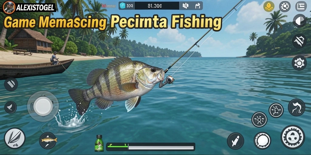 Tampilan gameplay ALEXISTOGEL menampilkan momen menangkap ikan yang menarik di perairan indah.