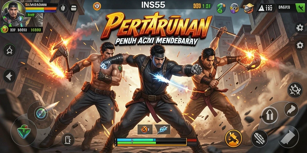 Screenshot INS55 menunjukkan pertarungan seru dengan grafis yang mengesankan.