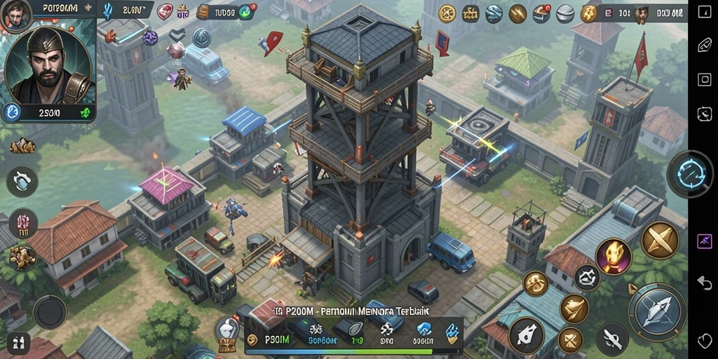 Tangkapan layar gameplay P200M menampilkan serangan menara yang dramatis.